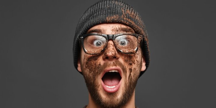 Man with glasses covered in mud looks shocked with his mouth open