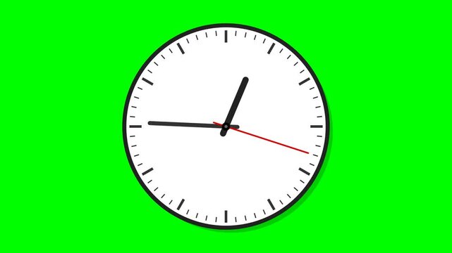 Analog clock with black hour and minute hands and a red second hand on a vibrant green screen background, showing time around 12:45.