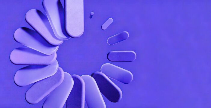 Abstract 3D loading indicator design made of multiple shades of purple rounded capsules arranged in half circle on solid violet background