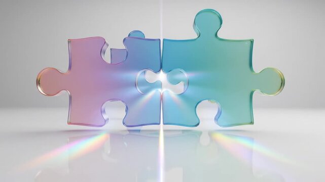Two translucent puzzle pieces, one pink and one blue, coming together with a bright light flare