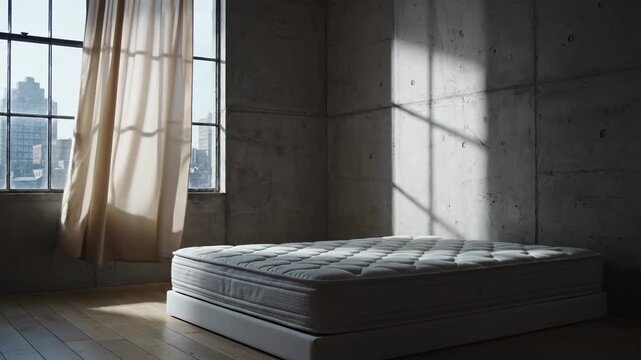 Modern mattress on a box spring in a loft apartment with large windows and city view