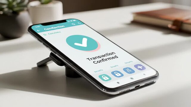 Smartphone displaying a successful transaction confirmation screen on a stand