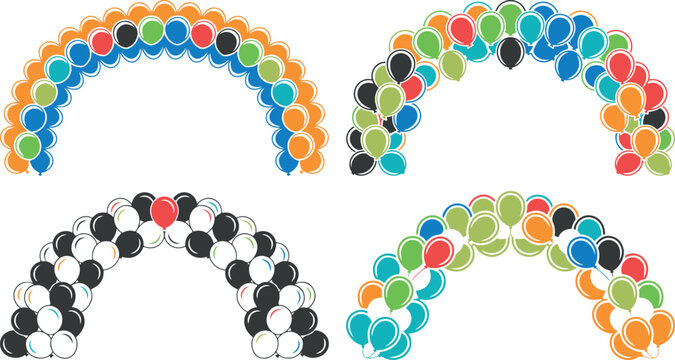Colorful balloon arches in various designs on white background for party decoration ideas