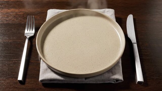 A steaming plate with fork and knife set on a dark wooden table
