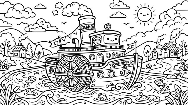 Charming Steamboat River Adventure Coloring Page for Children.