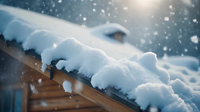Snow falls gently on a wooden roof's edge in a peaceful winter scene.
