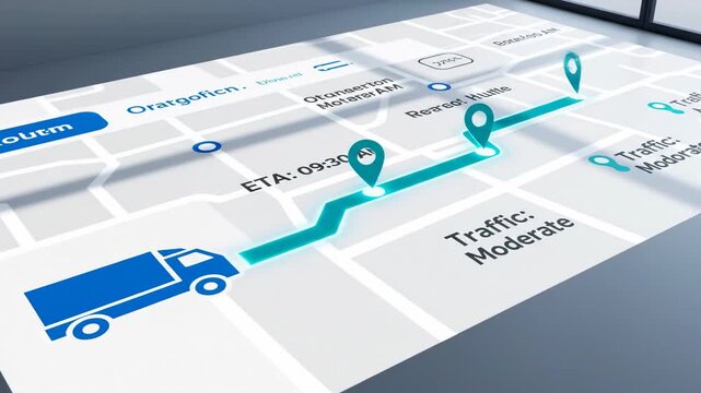 Digital navigation app showing truck route with traffic updates and estimated arrival time