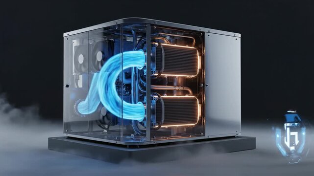 Advanced liquid cooling system with glowing blue fluid and heat sinks inside a transparent case