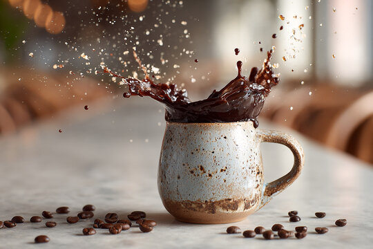Dramatic Coffee Splash from a Ceramic Mug with Roasted Coffee Beans on a Marble Table