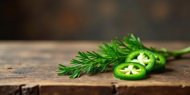 Sliced jalape?os and fresh herbs rest on a rustic wooden surface, creating a vibrant culinary still life.
