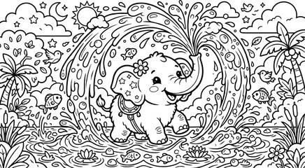 Fototapeta premium Adorable baby elephant playing with water in a playful scene.