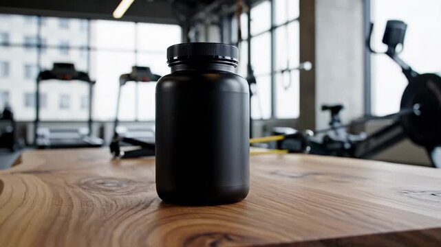Black supplement bottle on a wooden table in a modern gym with treadmills and rowing machines