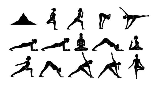Collection of various yoga poses and silhouettes.