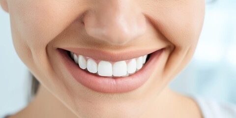 Fototapeta premium Close-up of a natural adult smile with perfectly white, healthy teeth in a bright clinic