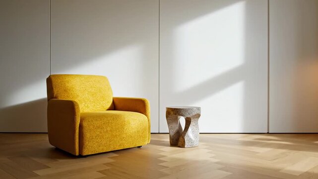 Modern yellow armchair and abstract stone side table in a minimalist room with natural light