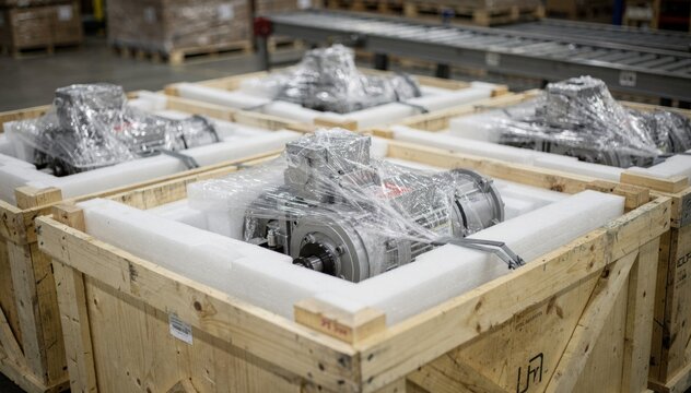 Medium shot of pumps neatly secured in export crates featuring protective foam and plastic wrap for safe overseas shipping in an industrial packaging area.