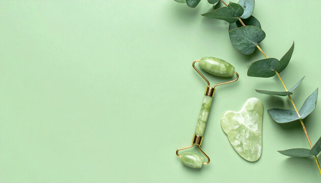 Jade roller and gua sha facial tools with eucalyptus leaves on a pastel green background.