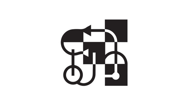 Geometric path icon utilizes connected circles and squares to illustrate complex network connectivity.
