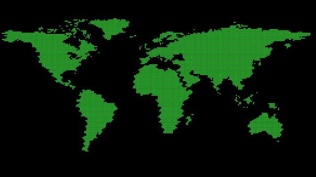 World map animation with green pixel dots. World map digital matrix technology concept. World map global data visualization graphic on black.
