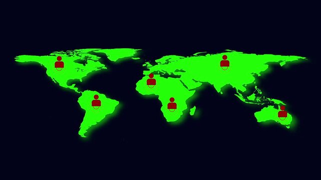 World map animation with red location icons. Neon green world map global network tracking. World map worldwide connectivity interface graphic.