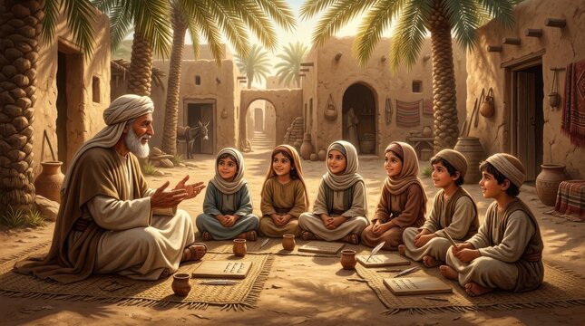 Children Learn Manners from Elder in Ancient Arabian Village Courtyard