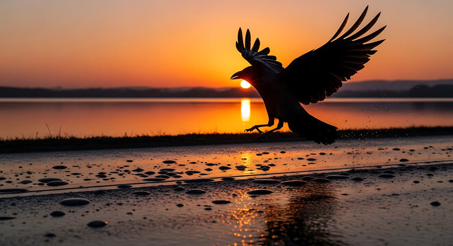Black crow flying over a wet ground during a beautiful orange sunset scenery