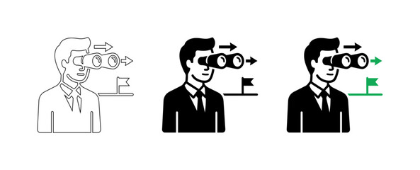 Fototapeta premium Professional Visionary Businessman with Binoculars and Goal Flag Vector Icon Set
