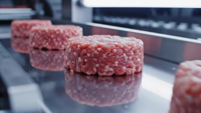 Freshly formed ground beef burger patties traveling on a production line reflecting on a shiny metal surface.