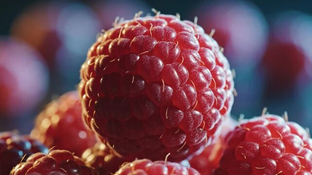 Close-up cinematic shot of fresh, vibrant red raspberries with detailed textures and glistening surfaces