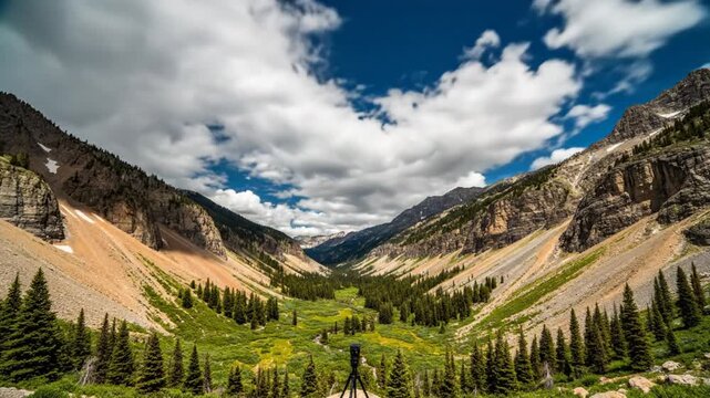 Time lapse captures dramatic clouds moving over a lush mountain valley with a deep blue sky