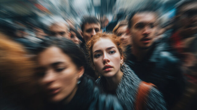POV of crowded street with blurred faces and motion, capturing social anxiety and sensory overwhelm agoraphobia, mental health, mental illness stress background