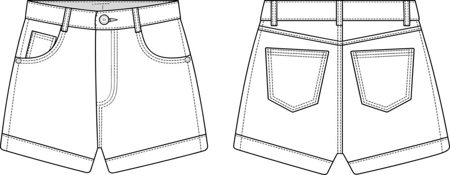 Denim shorts front back view with pockets seams rolled hem flat vector