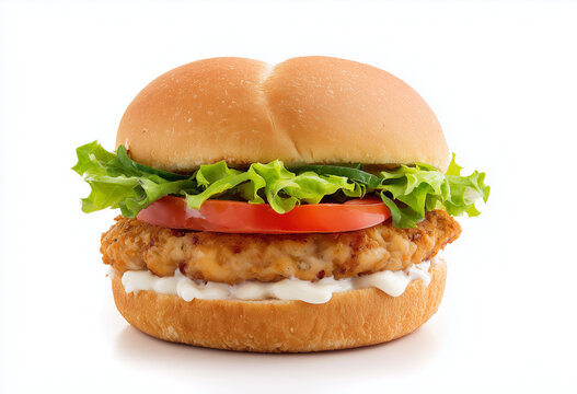 a chicken burger with lettuce, tomato, and mayonnaise on a plain white background.