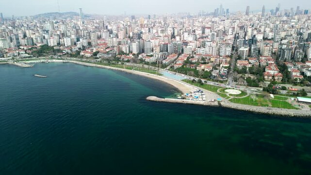 Erenkoy Public Beach, sunny weather in Istanbul, circle shot