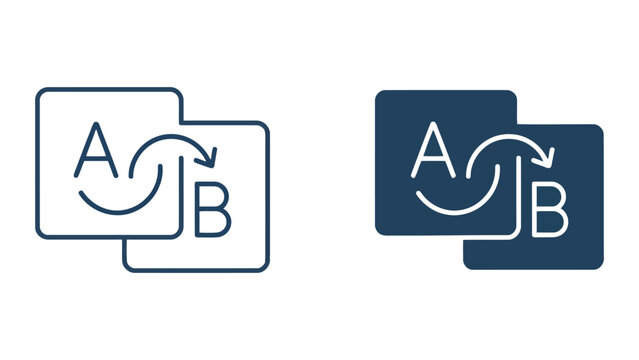 Two overlapping squares with an arrow showing A to B transition representing data migration or process change in a professional vector icon design for software development and analytics