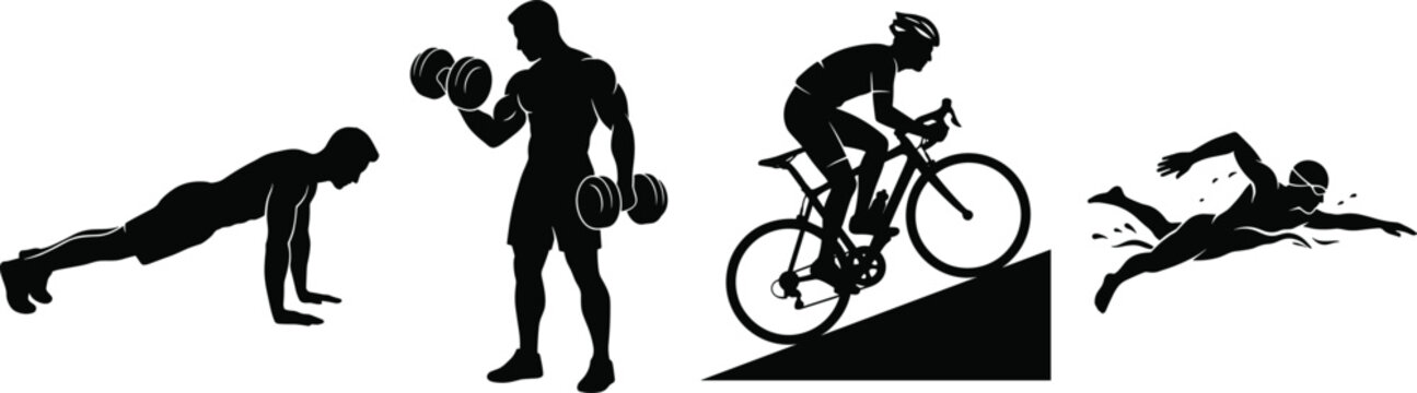 Black and white silhouette vector collection featuring strong male athletes doing pushups, lifting heavy dumbbells, cycling uphill, and competitive swimming.