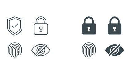 Security privacy protection icon set including shields locks fingerprints and hidden eyes in outline and solid styles for cybersecurity data safety and identity verification web interface design © MDBAYZID