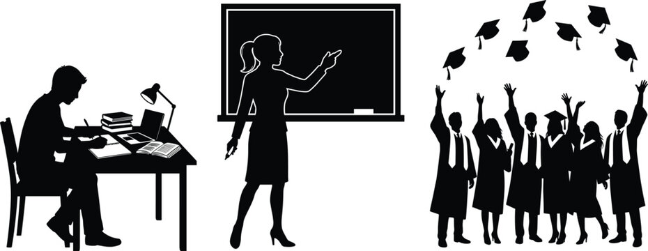 Black and white silhouette vector set showing education journey from student studying at desk to teacher and final graduation ceremony.
