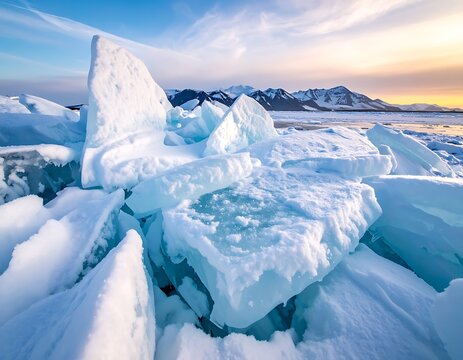 A serene winter landscape with large chunks of ice