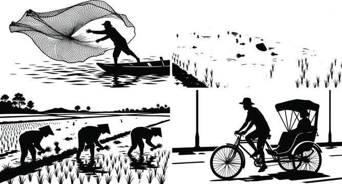 Black and white silhouette vector set of Asian rural life, showing fisherman casting net, farmers planting rice, and cycle rickshaw.
