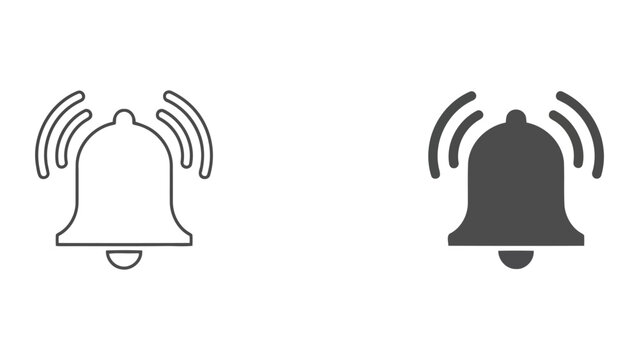 Notification and alert bell icon set featuring ringing alarm symbols with sound waves in outline and solid styles for mobile app alerts and desktop system updates and communication interfaces
