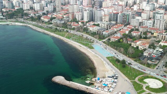 Erenkoy Public Beach, sunny weather in Istanbul, zoom-out shot