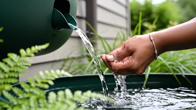 Rainwater flowing from dark green barrel into hands outdoors