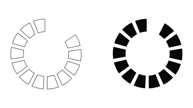 Loading progress circle icon set featuring segmented circular design in outline and solid styles for web page buffering and digital process status indicators in user interface design projects