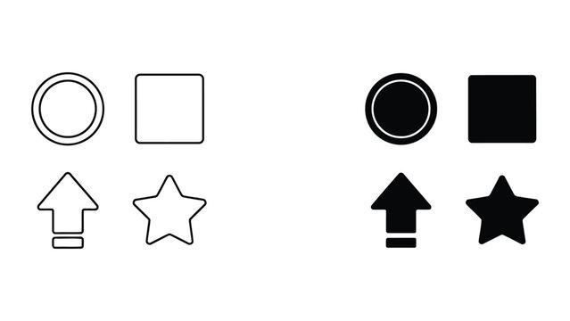 Geometric shape icons set including circle square arrow and star in outline and solid vector formats for design elements and user interface navigation buttons
