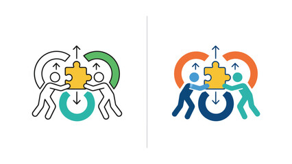 Fototapeta premium Business growth and team performance analysis icons with rocket launch and bar charts for professional corporate development and strategic success planning in dual style graphic presentation