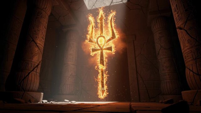 Ancient glowing ankh symbol with trident in mystical Egyptian temple with hieroglyphs and warm light