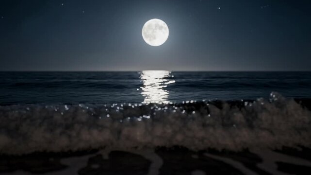 Full moon shining over ocean waves at night with reflection on water creating a serene seascape
