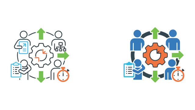 Project management and team efficiency icon set showing people with checklists and timers for task tracking and time management in professional flat vector graphic design isolated on white