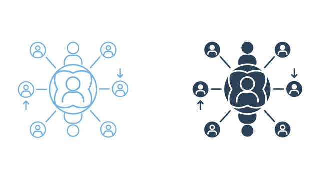Network connection and communication icon set showing centralized team leadership and social interaction hubs for collaborative business structures in clean flat vector graphic design style isolated